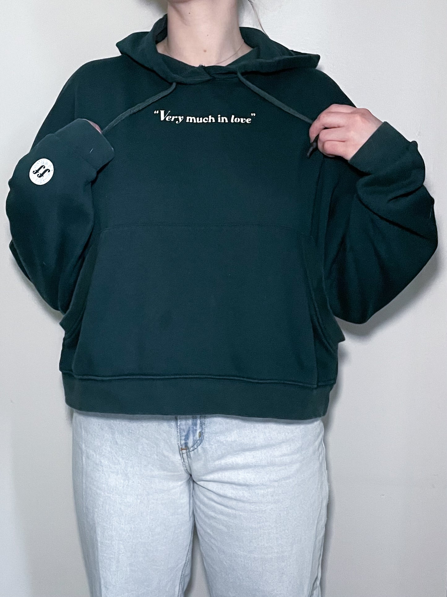 "Very Much In Love" Cropped Forest Green Hoodie - Size XL