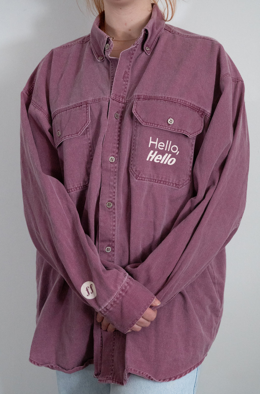 Hello, Hello Pink Denim Button Up - Size XL
