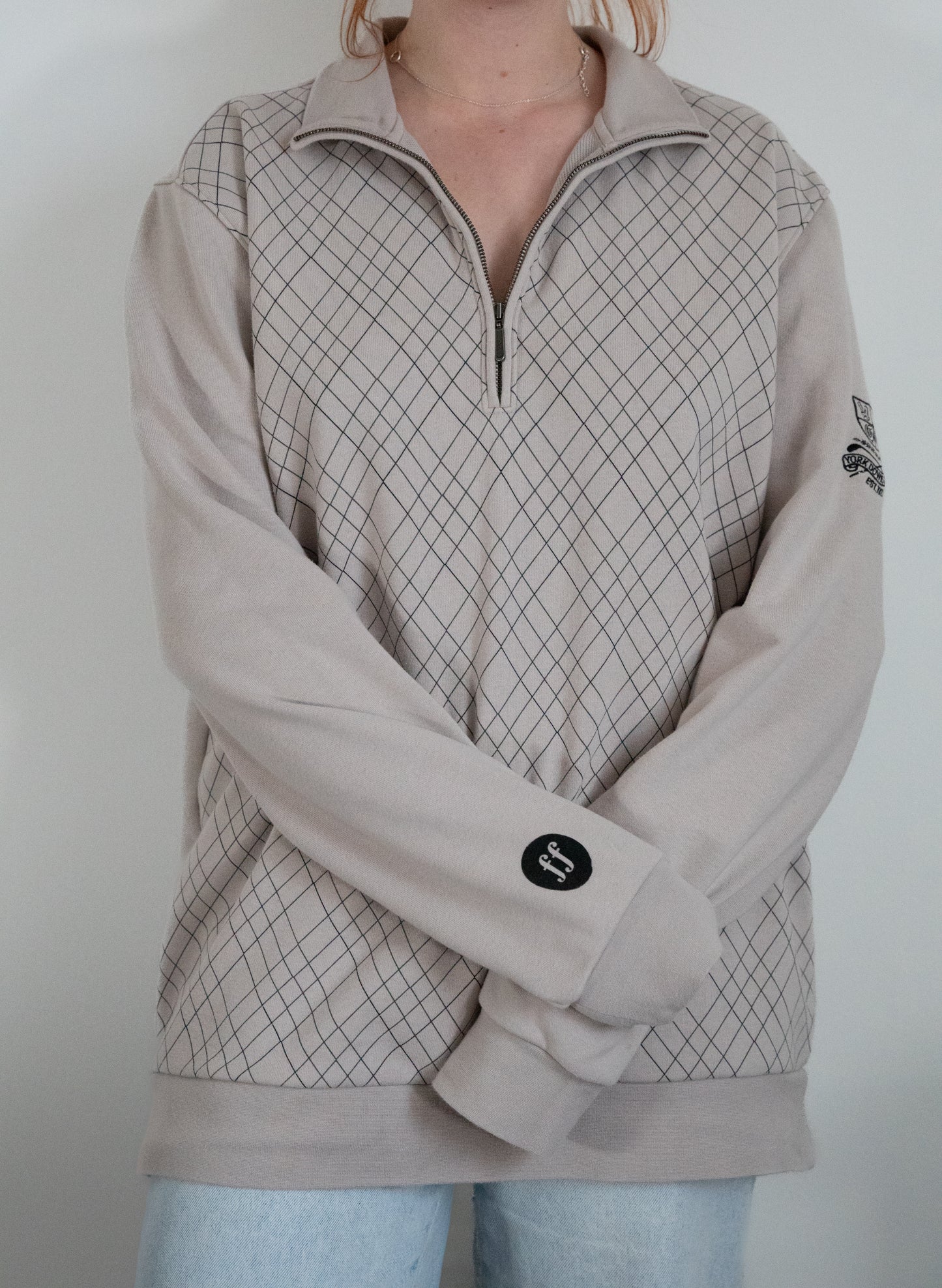 "Very Much In Love" 3/4 zip up w/ diamond pattern - Size L