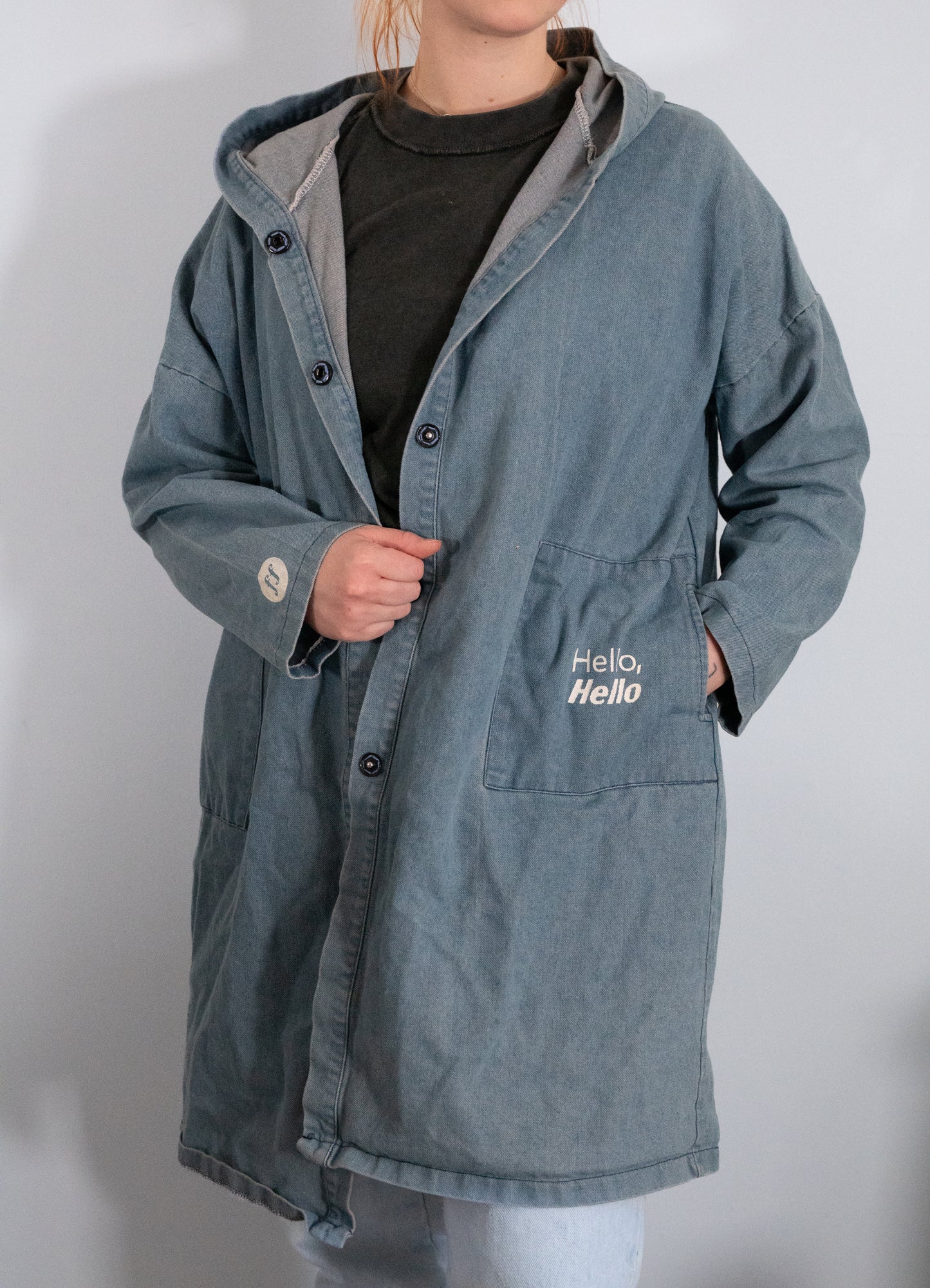 Hello, Hello Hooded Denim Jacket - Size XL